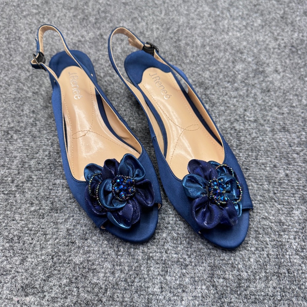 J. Renee Slingback Pump Wm 10W Navy Blue Satin Floral Beaded Kitten Heel Evening